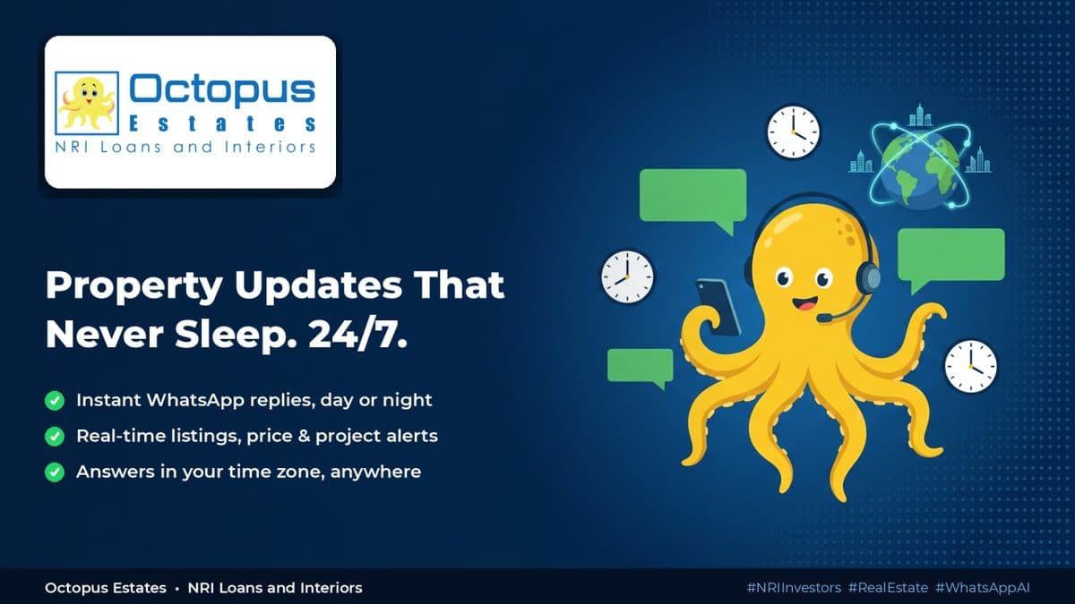 How does Octopus Estates use its WhatsApp AI Agent to provide 24/7 real-time property updates and bridge time zone gaps for NRI investors?