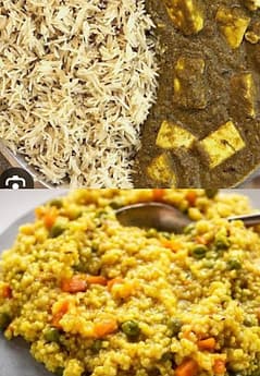 Palak paneer with jeera (basmati) rice and masala broken wheat with veggies